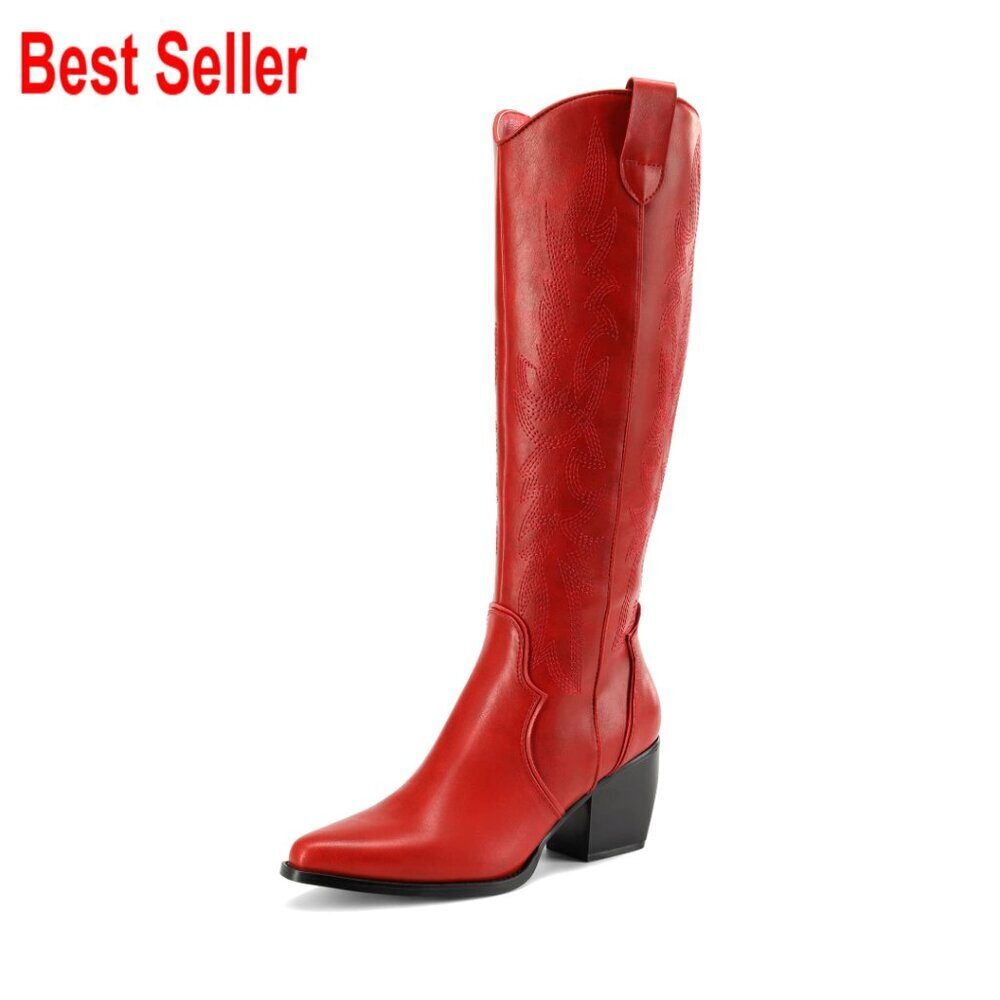 Womens Knee High Cowboy Boots Chunky Heel Pointed Toe Embroidered Western
